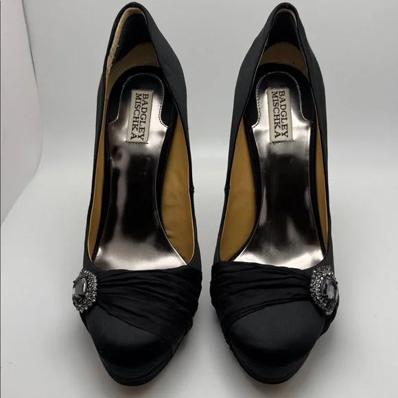 EUC - Badgley Mischka ODell Jeweled Black Satin Platform Pumps w/ box, dust bag - Picture 2 of 9